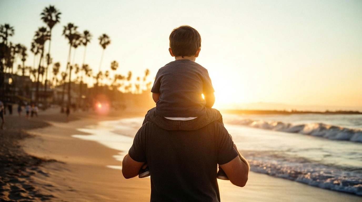A dad seen from behind carrying his kid on his shoulders along a San Diego beach at sunset